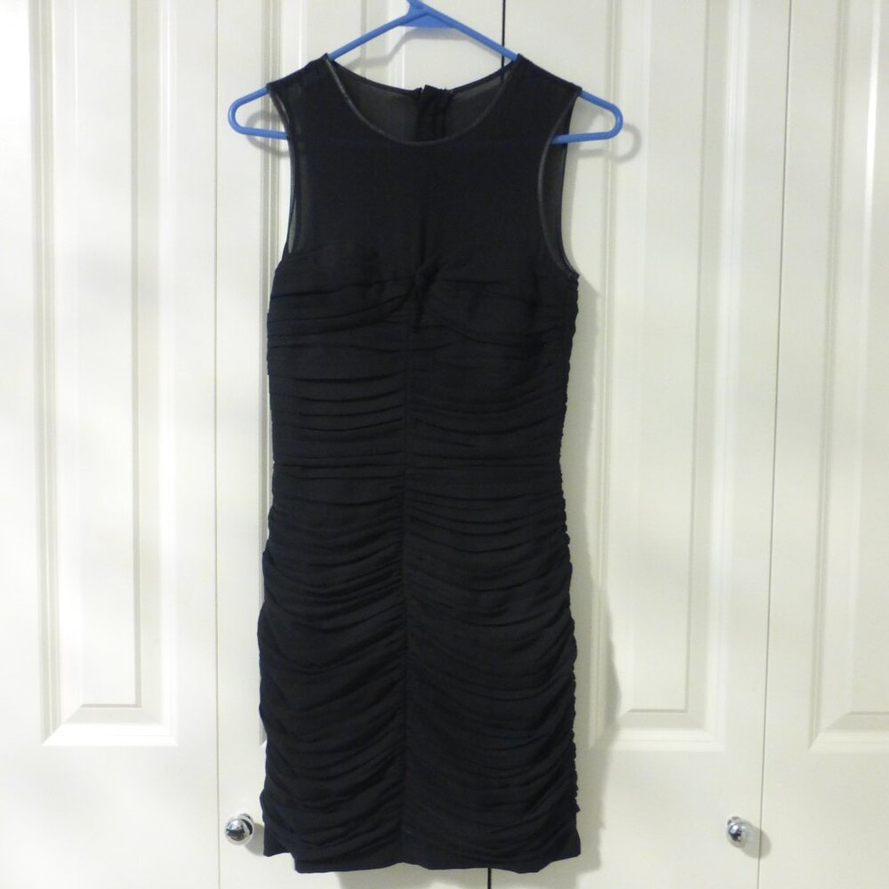 H&M black ruched sleeveless mini dress with faux leather trim